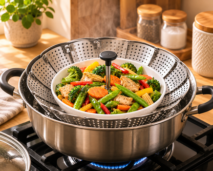Foldable Stainless Steel Steamer Basket – Expandable Vegetable & Food Steamer