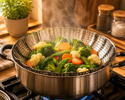 Foldable Stainless Steel Steamer Basket – Expandable Vegetable & Food Steamer