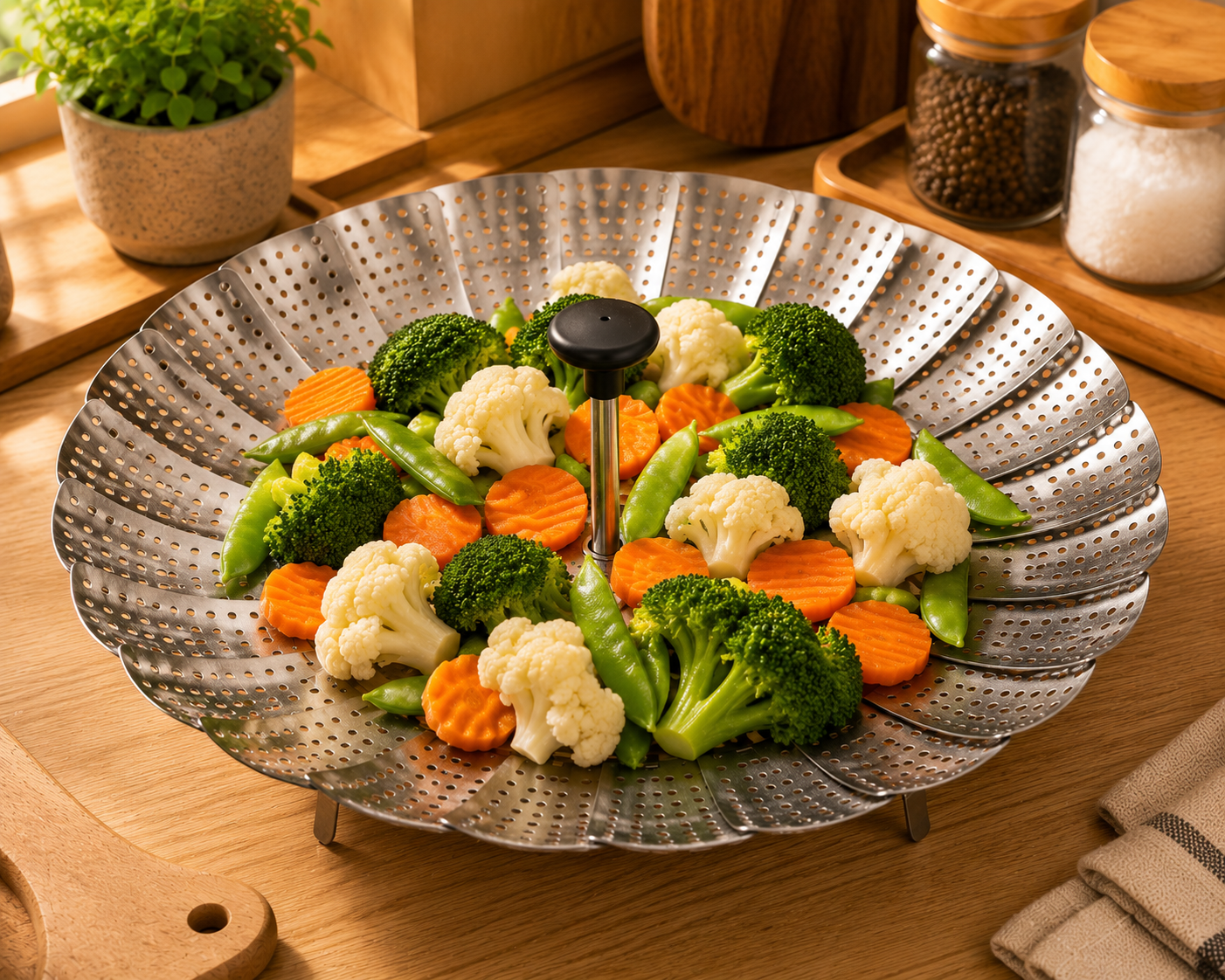 Foldable Stainless Steel Steamer Basket – Expandable Vegetable & Food Steamer