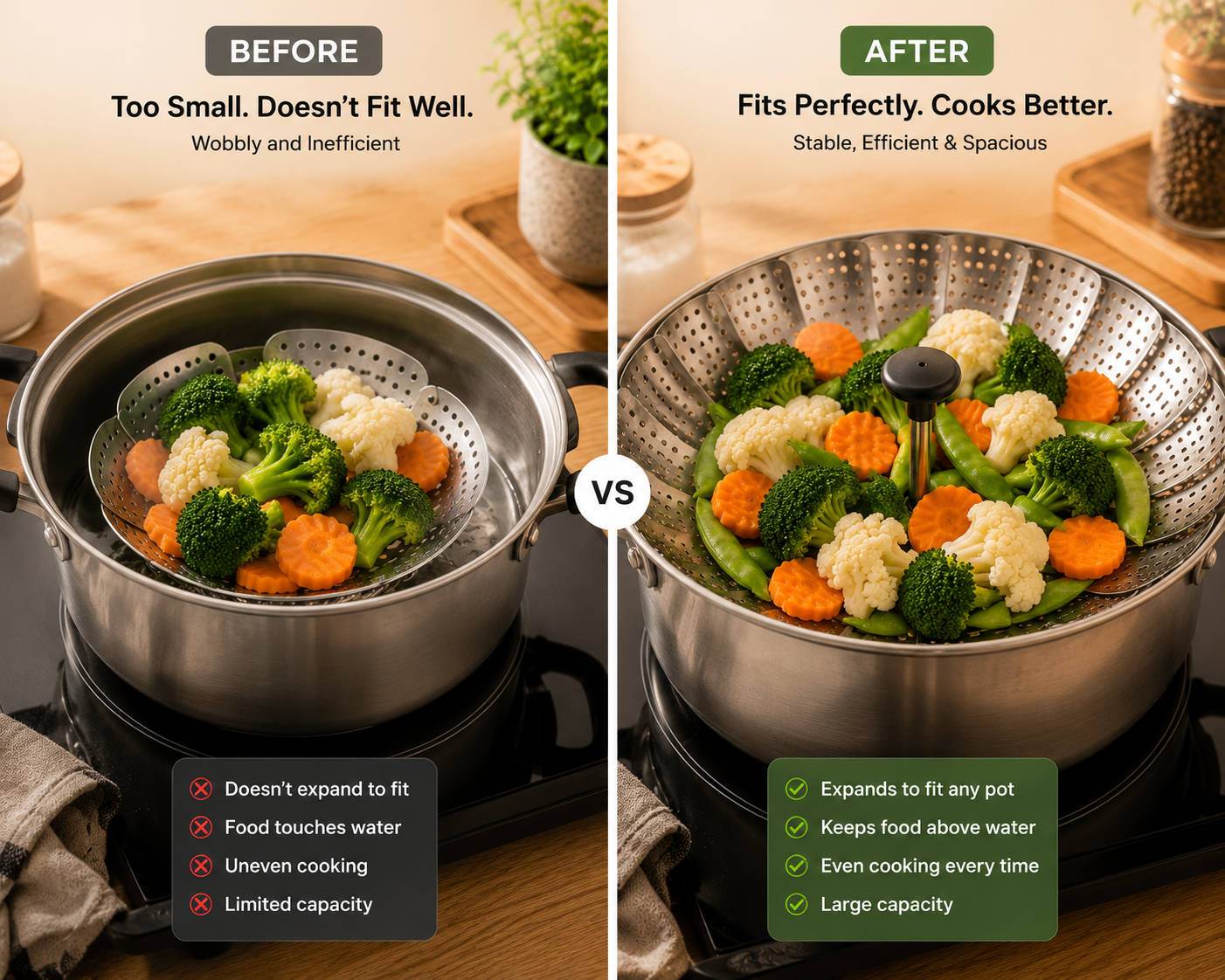 Foldable Stainless Steel Steamer Basket – Expandable Vegetable & Food Steamer