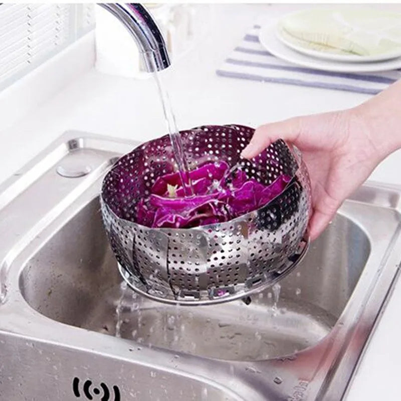 Foldable Stainless Steel Steamer Basket – Expandable Vegetable & Food Steamer